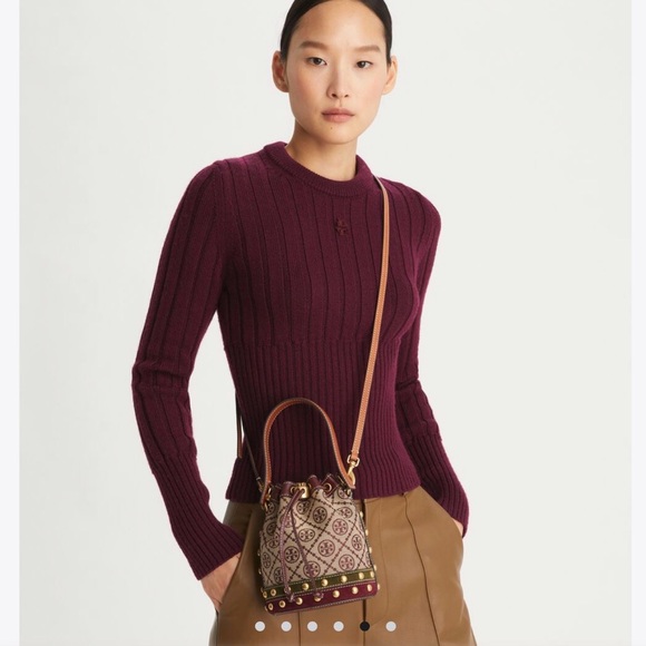NWT! NEW Tory Burch T Monogram Jacquard Studded Mini Bucket Bag -multi leather - Picture 3 of 15